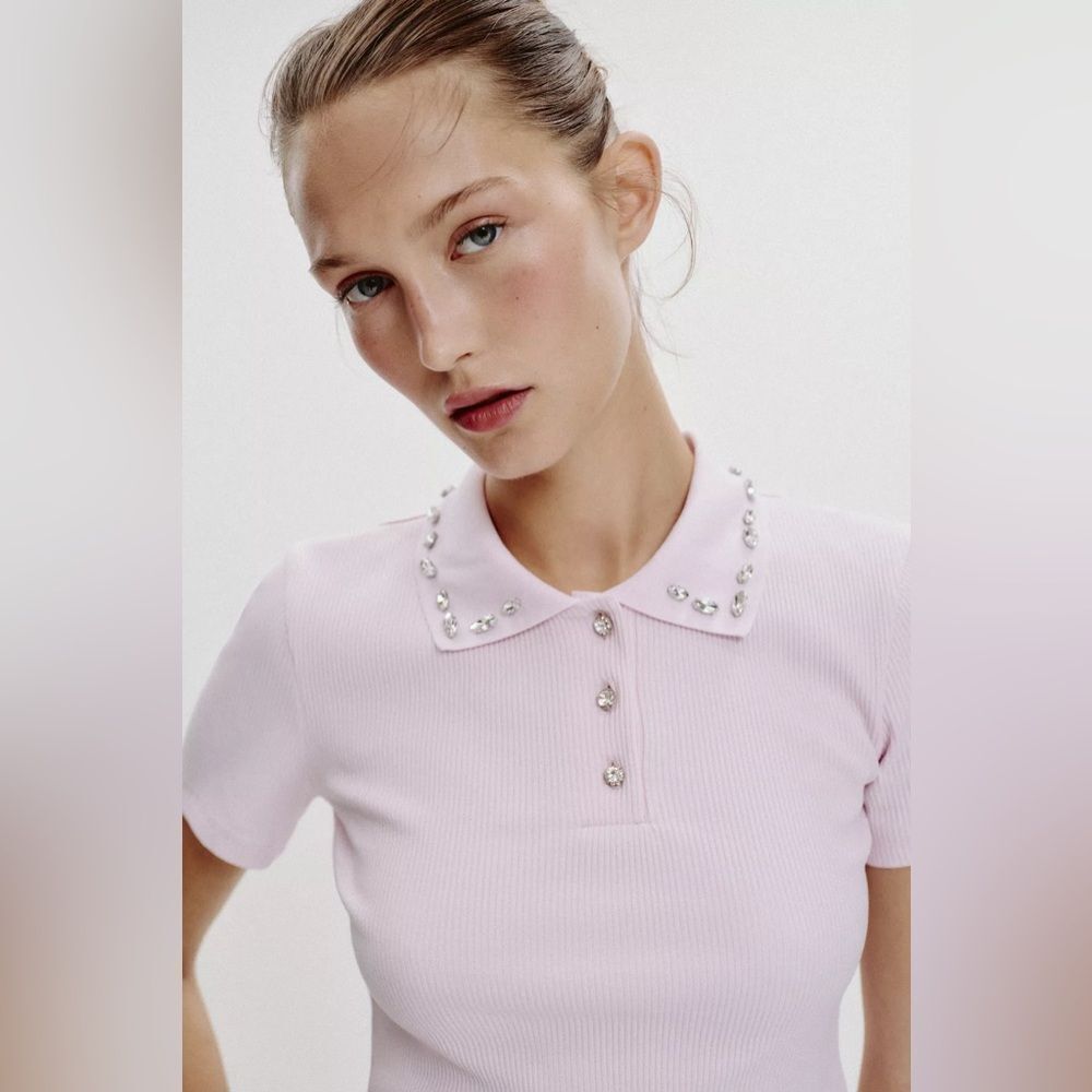 ZARA JEWEL COLLAR RIBBED POLO SHIRT